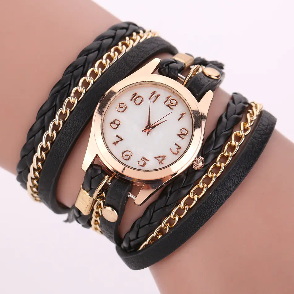 PU Leather Woven Bracelet Watch with Quartz Chain