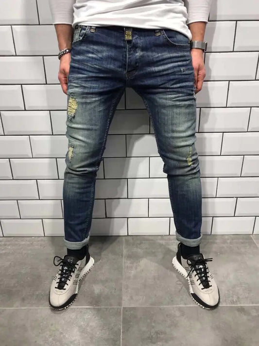 Men's Small Hole Denim Jeans - New European Style