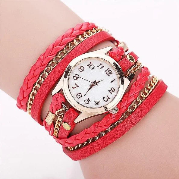 PU Leather Woven Bracelet Watch with Quartz Chain