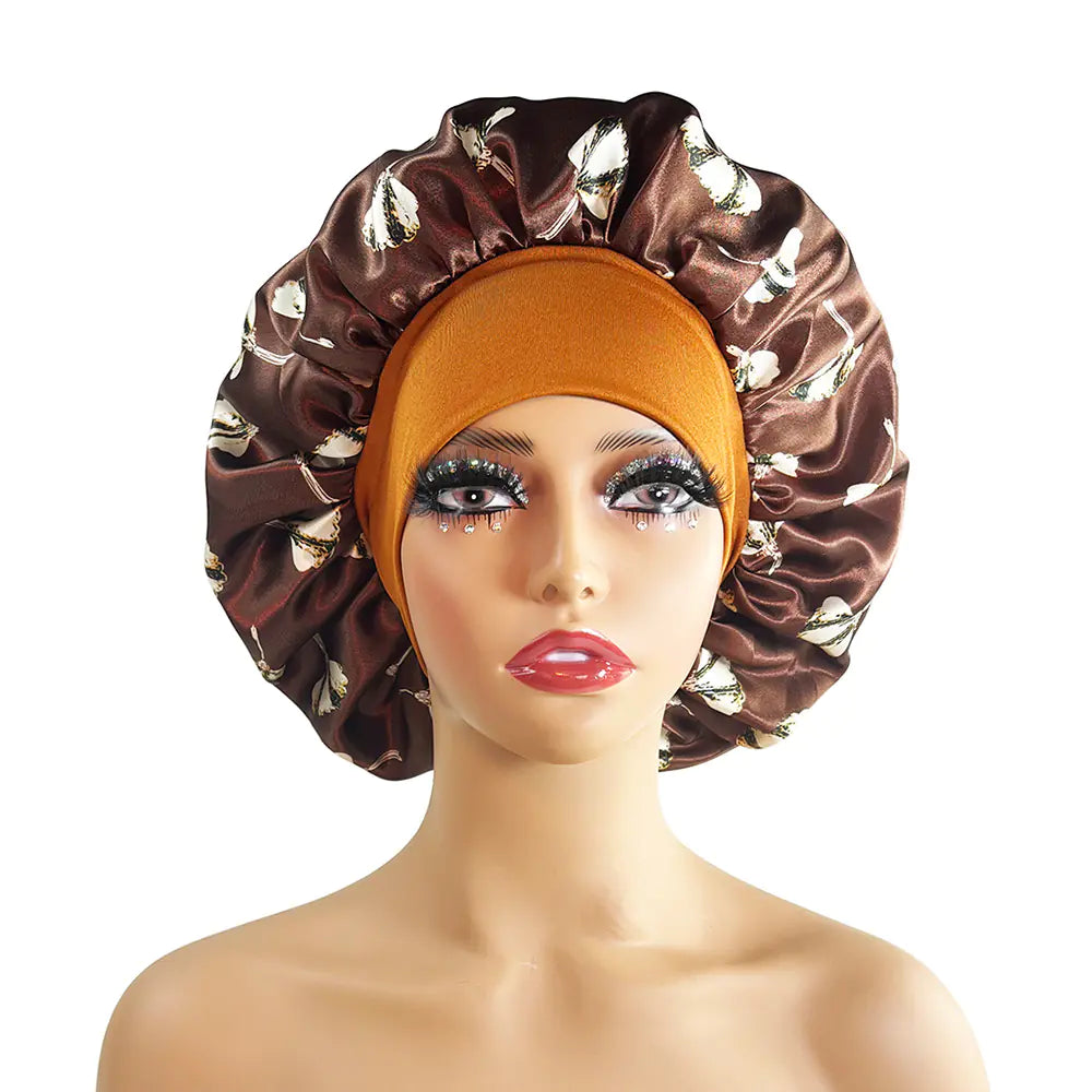 Wide-brimmed Satin Printed Nightcap Home Hat