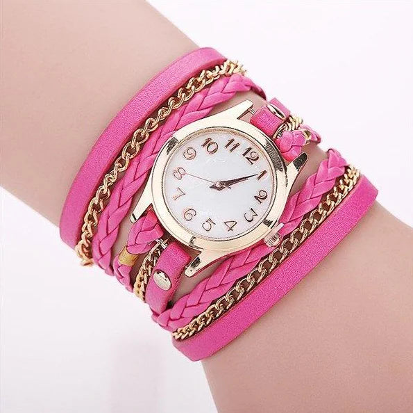 PU Leather Woven Bracelet Watch with Quartz Chain