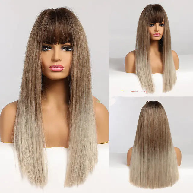 Fashion Long Straight Brown Grey Wig for Women