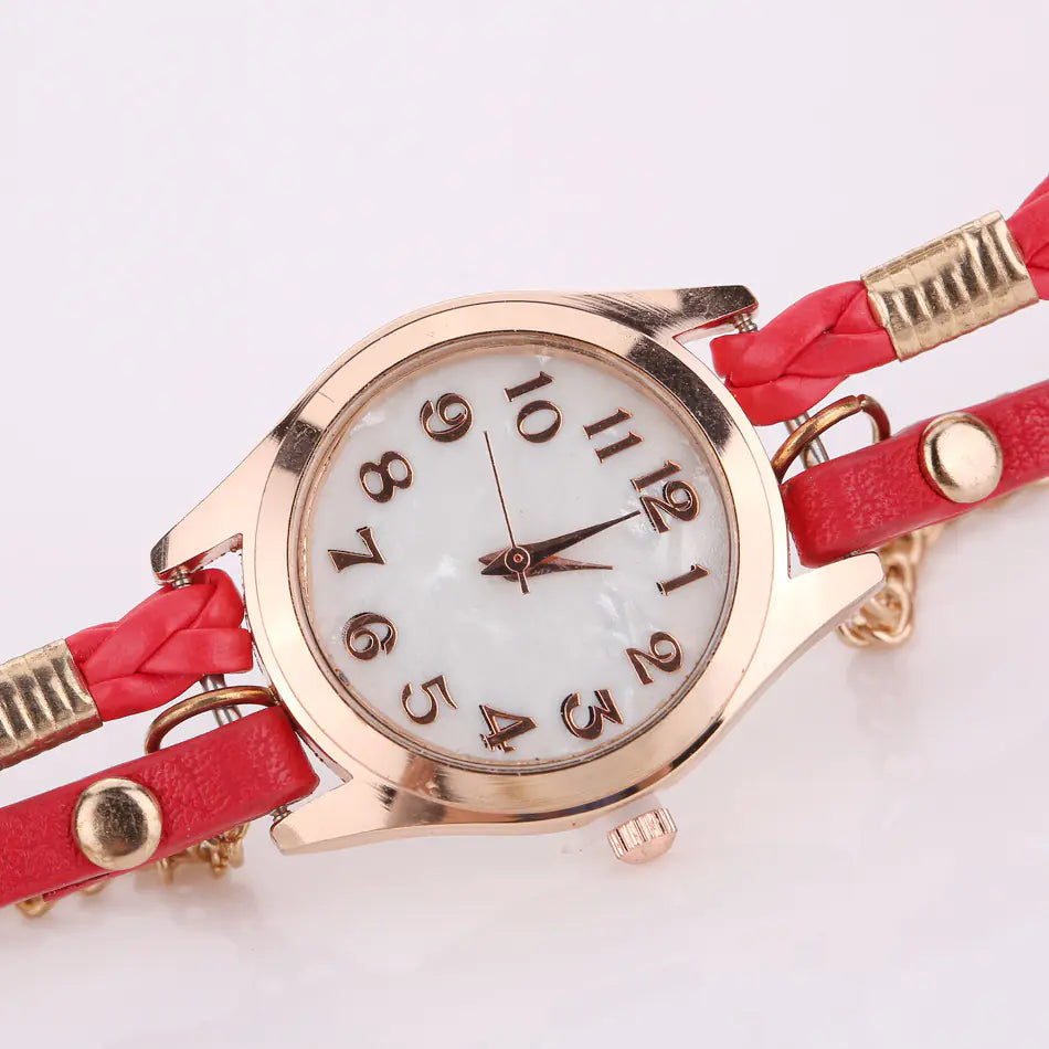 PU Leather Woven Bracelet Watch with Quartz Chain