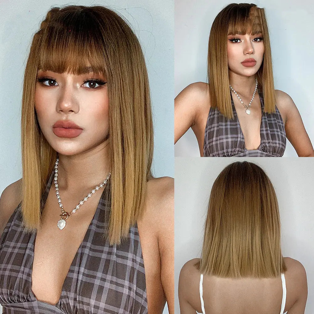 Women's Short Hair Wig with Straight Bangs Styling