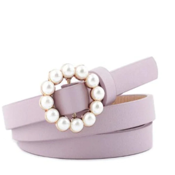 Faux Leather Pearl Belt with Decorative Buckle