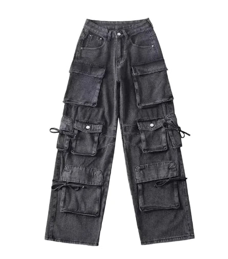 Cargo Jeans with Vintage Wash and Distressed Design (One Piece)