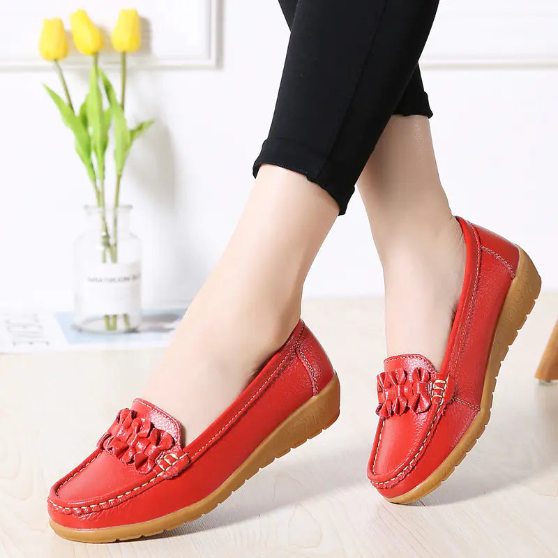 Genuine Leather Slip-On Flats with Bow for Women