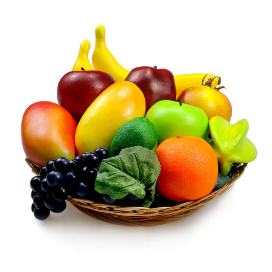 12 Pcs Artificial Fruits Fake Fruit Decoration Realistic Faux Fruit Display Imitation Fruit for Decor Kitchen Table Fruit Basket Fake Apples Banana Orange Grape Mango Pomegranate
