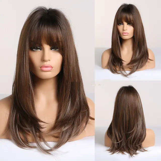 Fashion Long Straight Brown Grey Wig for Women