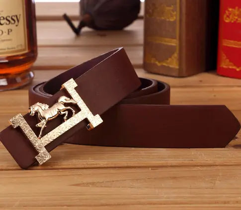 H Leather Belt with Gold Buckle for Men and Women
