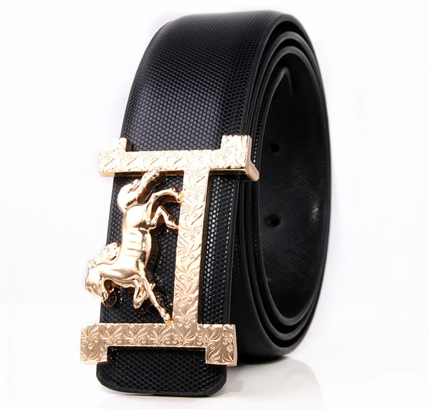 H Leather Belt with Gold Buckle for Men and Women