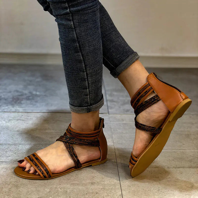 Flat Color Block Zipper Casual Roman Sandals