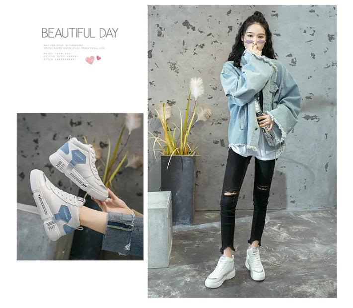 High-Top Plush Sports Shoes, White Sneakers