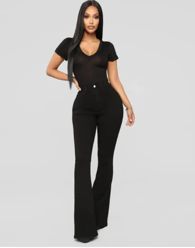 Classic High-Waisted Slim-Fit Denim Horseshoe Pants