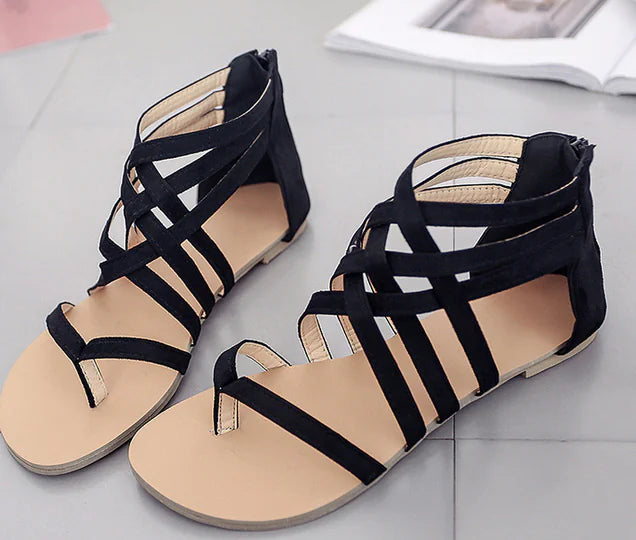 Black Roman Sandals for Women - Hollow Flat Design
