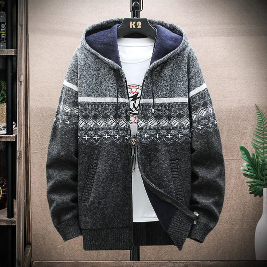 Men's Thick Knitted Fleece Hooded Cardigan Sweater