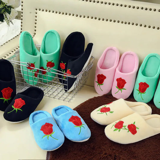 Rose Embroidered Non-Slip Cotton Indoor Slippers
