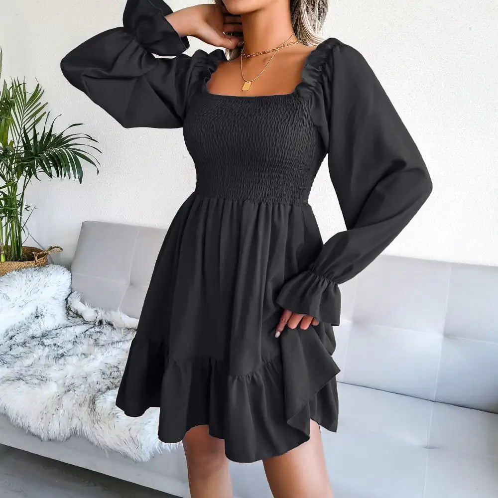 Square Neck Flared Long Sleeve Ruffle Dress