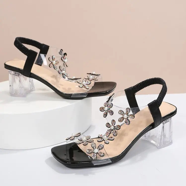 Women's High-Heeled Slip-On Sandals with Rhinestones