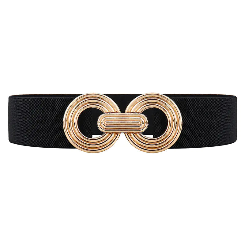 Women's Black Geometric Belted Dress with Metal Buckle