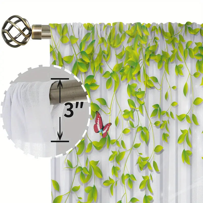 Butterfly Green Leaf Semi-Sheer Curtain with Rod Pocket