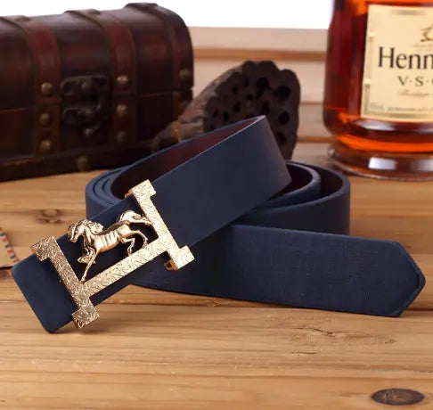 H Leather Belt with Gold Buckle for Men and Women