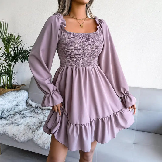 Square Neck Flared Long Sleeve Ruffle Dress