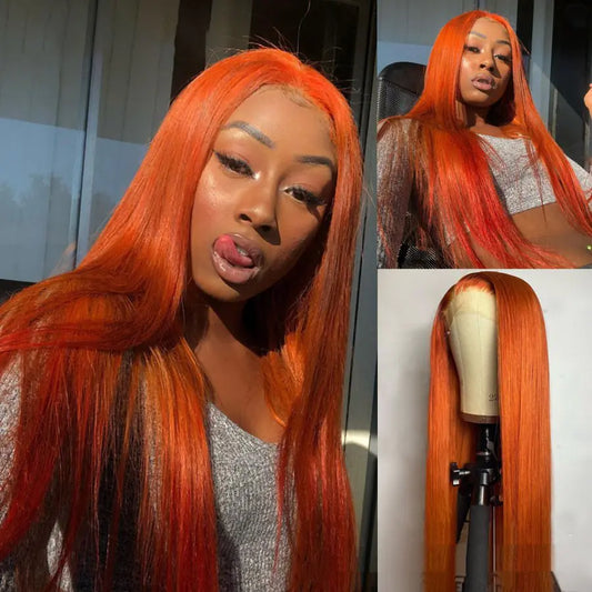 Split Orange Long Straight Chemical Fiber Lace Wig