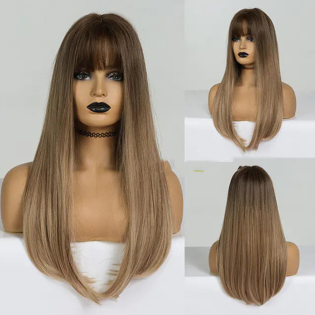 Fashion Long Straight Brown Grey Wig for Women