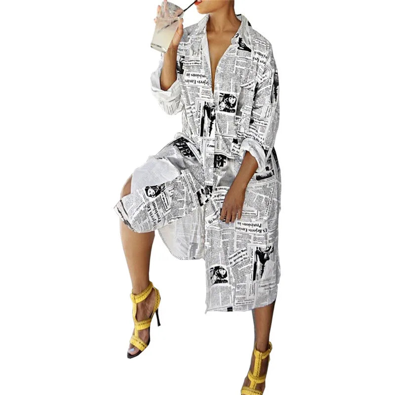 Oversized Newspaper Print Long Sleeve Shirt Dress