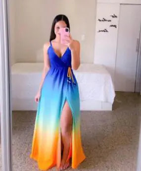 Gradient Color V-Neck Maxi Dress with Tie Waist (One Piece)