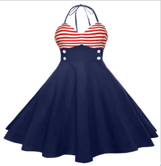 Striped Patchwork Neck Print Vintage Dress (One Piece)