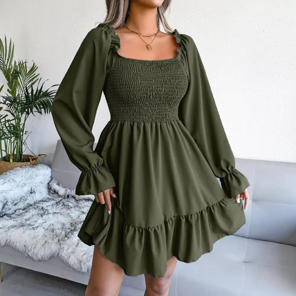 Square Neck Flared Long Sleeve Ruffle Dress
