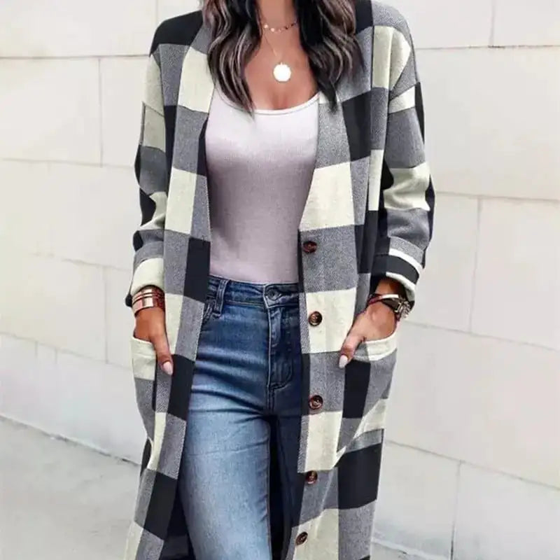 Women's Loose Plaid Woolen Coat with Button Pockets