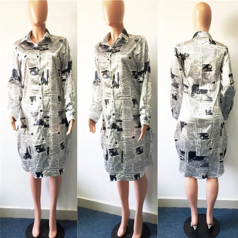 Oversized Newspaper Print Long Sleeve Shirt Dress