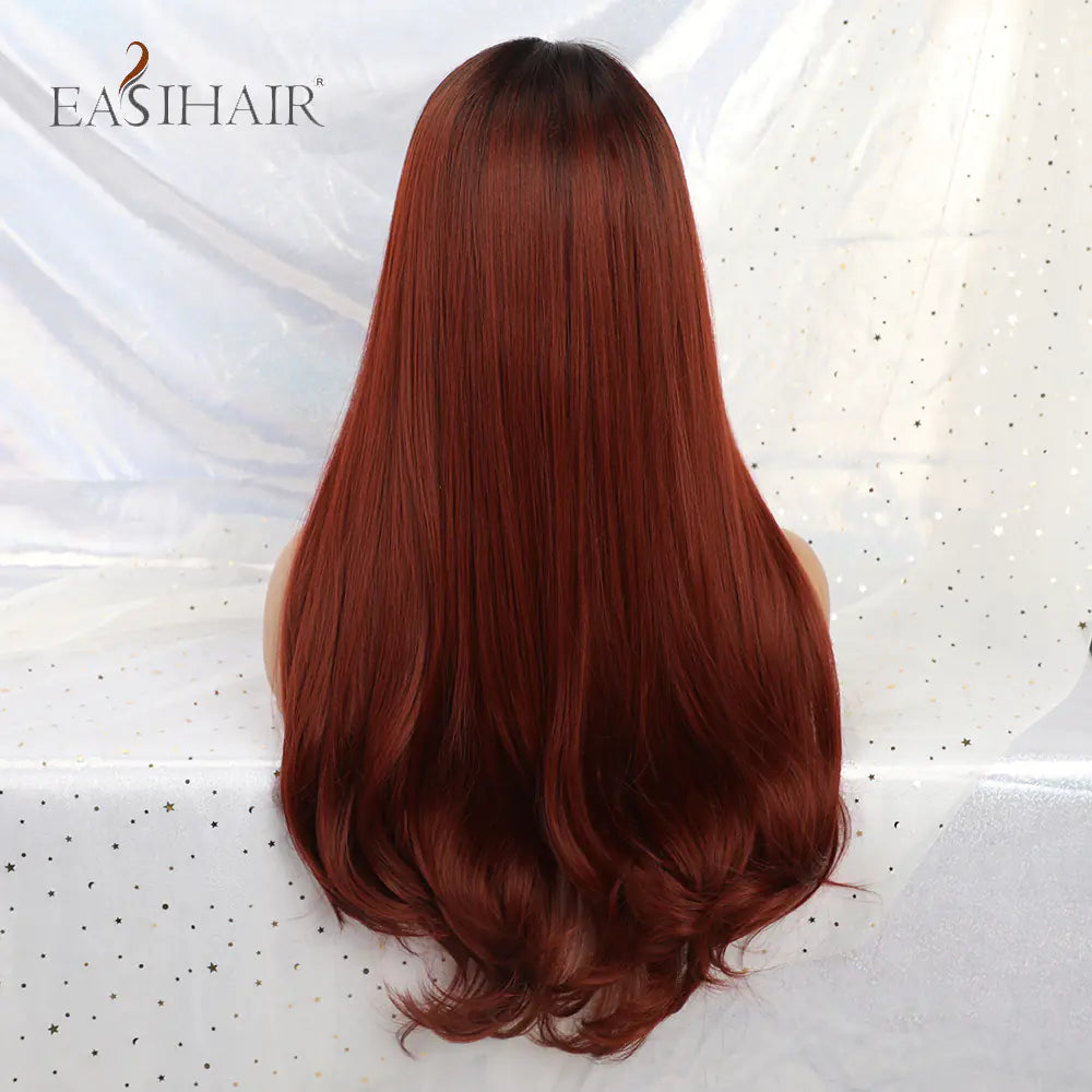 EASIHAIR Long Wine Red Bangs Gradient Fashion Wig