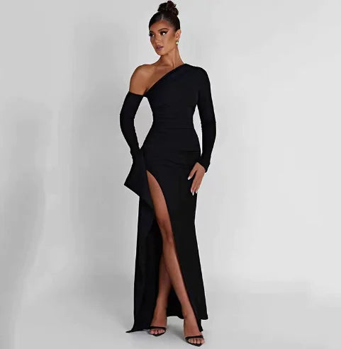 Knitted One-Shoulder Long Sleeve Split Dress for Women