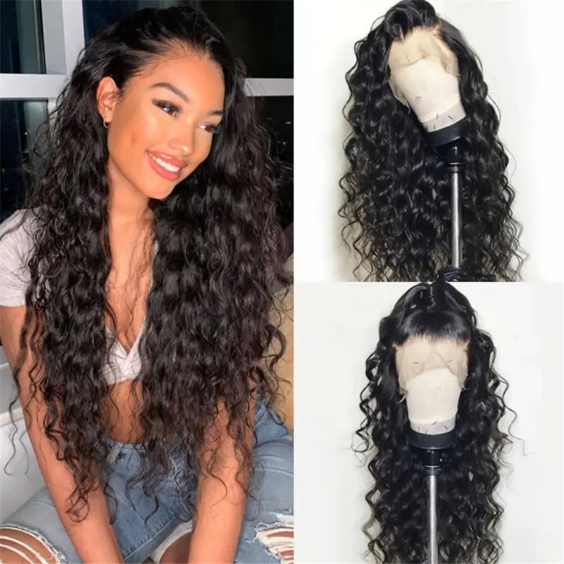 Black Long Curly Wig for Women with Middle Parting