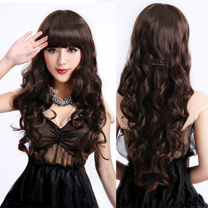 Korean Style Long Wavy Wig with Bangs - High-Temperature Fiber