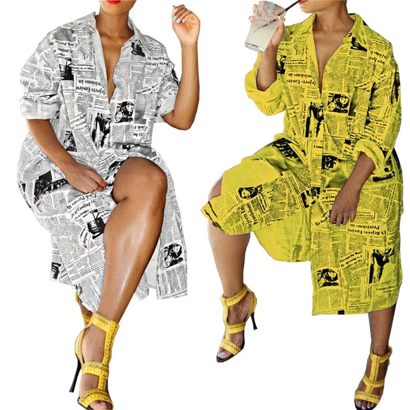 Oversized Newspaper Print Long Sleeve Shirt Dress