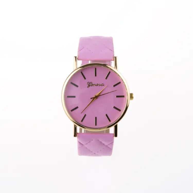 Geneva Watch with Checkered Pattern Leather Strap