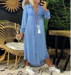 Shirt Collar Denim Casual Long Dress Skirt (One Piece)