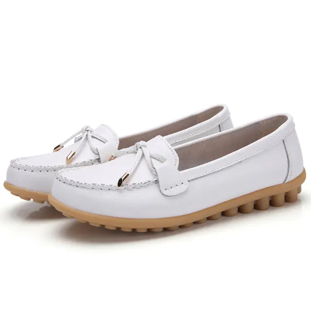 Women's Casual Leather Flat Shoes with Bow Detail