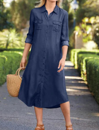 Long Sleeve Denim Dress with Multiple Pockets (One Piece)