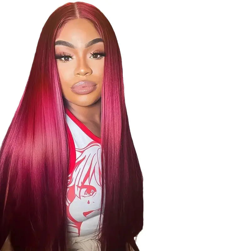 Wine Red Medium Long Straight Fluffy Hair Wig for Women