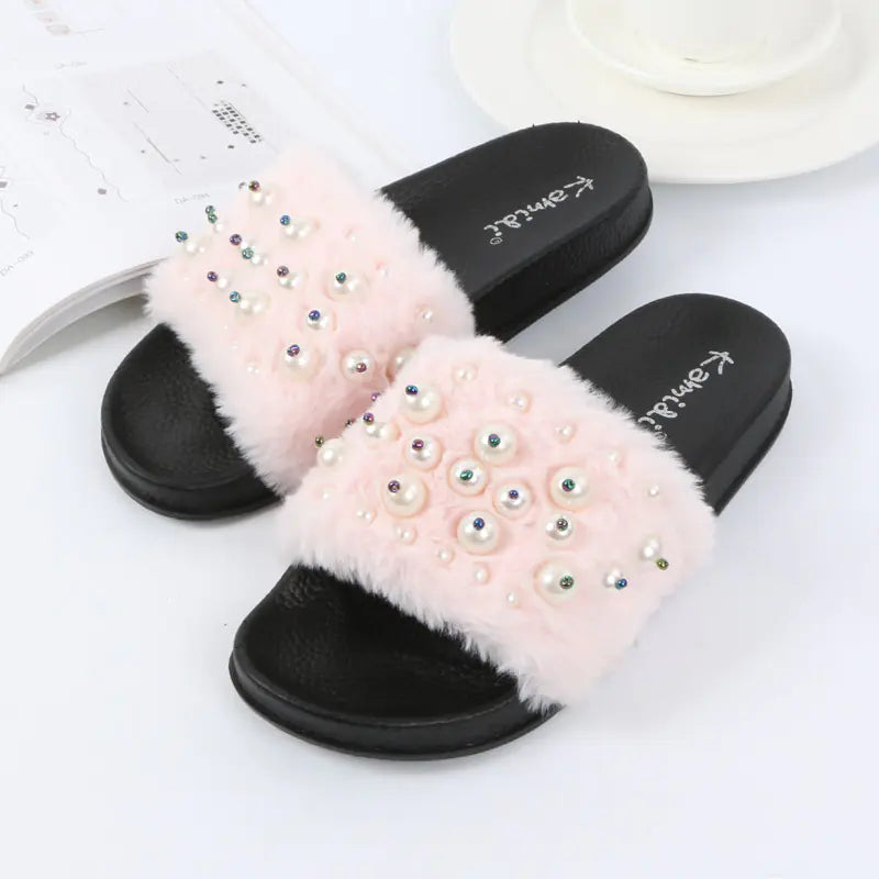 Pearl Shoes, Fur Shoes, Autumn-Winter Footwear