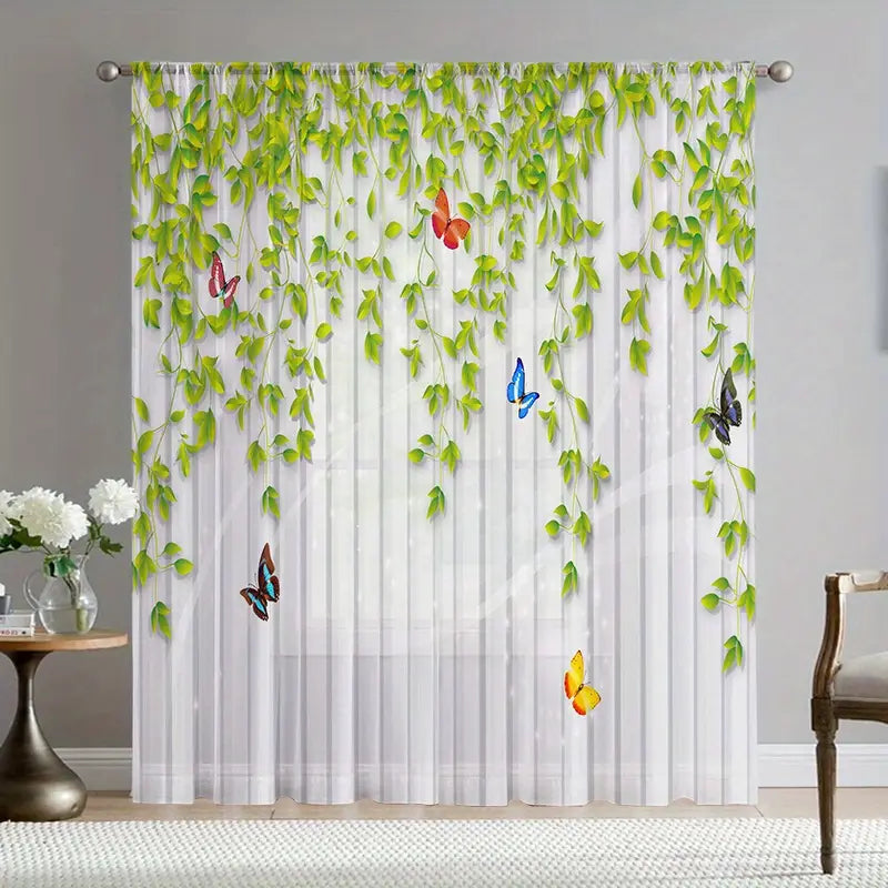 Butterfly Green Leaf Semi-Sheer Curtain with Rod Pocket