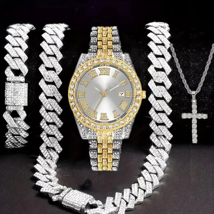 Hip Hop Jewelry Set – Bracelet, Necklace & Diamond Watch