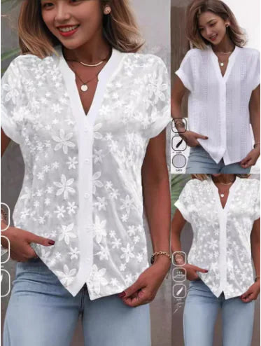 Summer Casual V-Neck Solid Color Blouse for Women