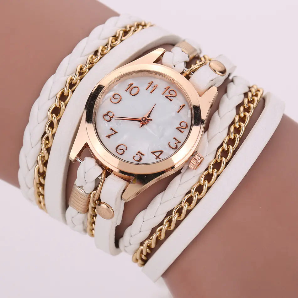PU Leather Woven Bracelet Watch with Quartz Chain